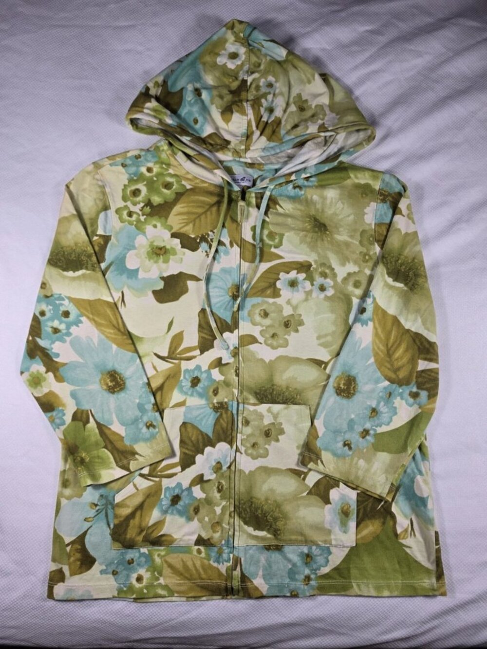 Caribbean Joe Zip Up Hooded Green Blue Floral 3/4 Sleeve Top Womens Size L EUC